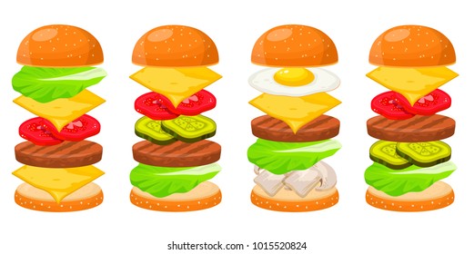 Burger ingredients four sets. Component parts or sandwich, flat round cake of minced beef and vegetables. Vector flat style cartoon burger illustration isolated on white background