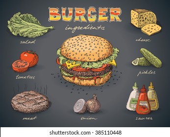 Burger with ingredients free hand drawing, sketch style. Dark background