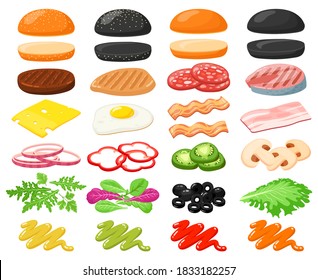 Burger ingredients. Hamburger fast food constructor, buns, veggies, cheese slices and meat, sandwich burger ingredients vector illustration set. Egg, bacon and mushrooms for hamburger