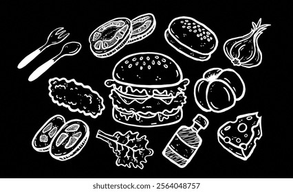 Burger ingredients. Hand drawn vector with burger, sesame bun, cheese, tomato, sauce, meat, lettuce, onion, spoon, fork. Black background illustration.