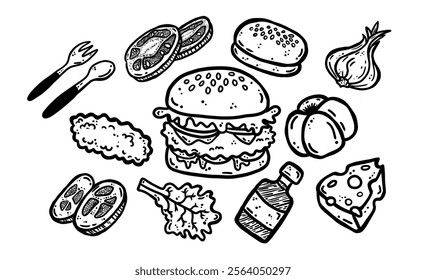 Burger ingredients. Hand drawn vector with burger, sesame bun, cheese, tomato, sauce, meat, lettuce, onion, spoon, fork. Black and white illustration.