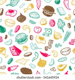 Burger ingredients. Hand drawn vector pattern with burgers, vegetables, different kinds of meat, sauce. Illustrations for cafe, menu, restaurant.