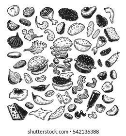 Burger ingredients. Hand drawn vector set with burgers, vegetables, different kinds of meat, sauce. Illustrations for cafe, menu, restaurant.
