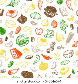 Burger ingredients. Hand drawn vector pattern with burgers, vegetables, different kinds of meat, sauce. Illustrations for cafe, menu, restaurant.