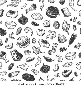 Burger ingredients. Hand drawn vector pattern with burgers, vegetables, different kinds of meat, sauce. Illustrations for cafe, menu, restaurant.