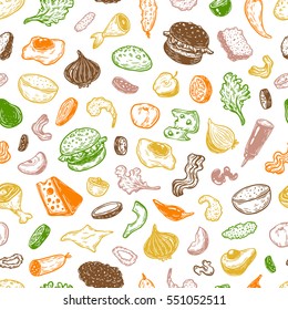 Burger ingredients. Hand drawn vector pattern with burgers, vegetables, different kinds of meat, sauce. Illustrations for cafe, menu, restaurant.