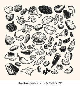 Burger ingredients. Hand drawn vector set with burgers, vegetables, different kinds of meat, sauce. Illustrations for cafe, menu and restaurant.
