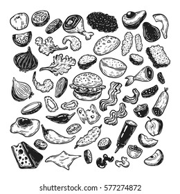 Burger ingredients. Hand drawn vector set with burgers, vegetables, different kinds of meat, sauce. Illustrations for cafe, menu and restaurant.