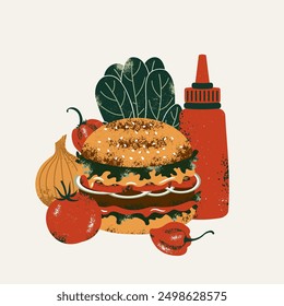 Burger ingredients illustration. Burger with cheese and tomatoes and onions with salad. Tomato ketchup. Vector illustration.