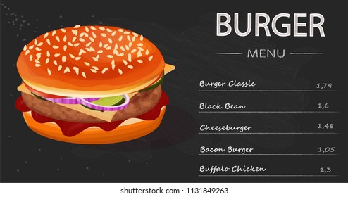 burger ingredients including sesame bun, vegetables, beef patty, lettuce, infographics on chalk board vector illustration