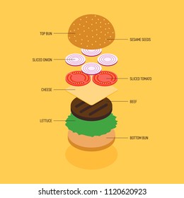 Burger-Inhaltsstoffe Infografik-Flachdesign, Vektorillustration-Illustration