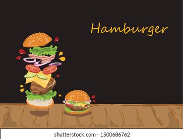 Burger ingredients and burger isolated on black background.Hamburger on black bakcground.