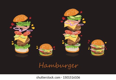 Burger ingredients and burger isolated on black background.Hamburger on black bakcground.