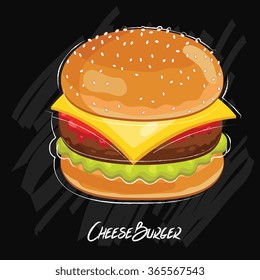 Burger ingredients and burger isolated on chalkboard