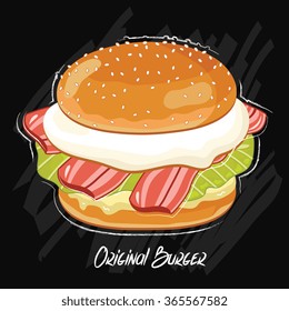 Burger ingredients and burger isolated on chalkboard