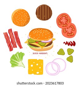 Burger and burger ingredients isolated on white. Hamburger Creation Product Kit. Chopped vegetables, bun, cutlet, sauce, bacon. Flat design for menu cafe, restaurant, poster. Burger ingredients