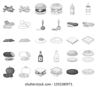 Burger and ingredients monochrome,outline icons in set collection for design. Burger cooking vector symbol stock web illustration.