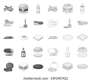 Burger and ingredients mono,outline icons in set collection for design. Burger cooking vector symbol stock web illustration.