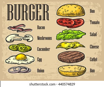 Burger ingredients on beige background.