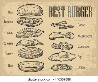 Burger ingredients on chalkboard. Isolated painted components on beige background. Vector vintage engraving Illustration for poster, menu, web, banner, info graphic