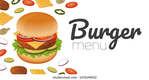 Burger and ingredients for burger on white background. Burger menu. Object for packaging, advertisements, menu. Vector illustration. Realistic.