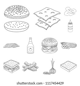 Burger and ingredients outline icons in set collection for design. Burger cooking vector symbol stock web illustration.