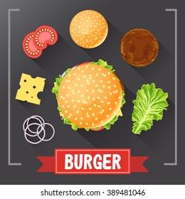 Burger ingredients. Burger parts on chalkboard, with signed ingredients. Set food