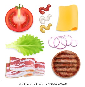 Burger ingredients. Burger parts set. Bacon, chees, tomato, salad