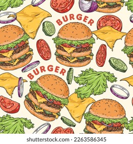 Burger ingredients pattern seamless colorful with double cheeseburger and flying pickles with bow for fast food advertising vector illustration