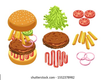 Burger ingredients and separate layers shown in detail. Grilled beef, lettuce leaf, ketchup, tomato slices, potato fries, red onion. Fast food recipe. Isolated vector illustration on white background.