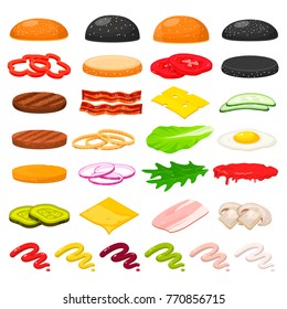 Burger ingredients set. Delicious hamburger recipe step-by-step with main ingredients, minced fried or grilled, vegetables, bun. Vector flat style cartoon ingredients illustration.
