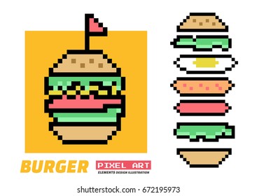 Burger ingredients set. Pixel Art. Elements Design. Illustration and icon.