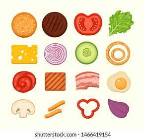 Burger ingredients set of vector icons in midern cartoon style. Burgers constructor top view, cheeseburger parts collection.