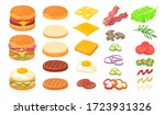 Burger ingredients set. Wheat and rye bread, cheese slices, omelet, roasted eggs, ham, bacon, pickles, tomato, lettuce, sauce. Can be used for fast food restaurant, hamburger, cheeseburger concept