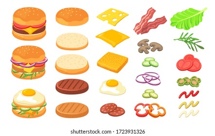 Burger ingredients set. Wheat and rye bread, cheese slices, omelet, roasted eggs, ham, bacon, pickles, tomato, lettuce, sauce. Can be used for fast food restaurant, hamburger, cheeseburger concept