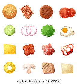 Burger ingredients top view icons set. Cartoon illustration of burger ingredients top view vector icons for web