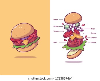 Burger Ingredients Vector Icon Illustration. Food Icon Concept Isolated Premium Vector. Flat Cartoon Style 