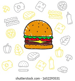Burger and it's ingredients vector illustration in cute colorful hand drawn doodle style 
