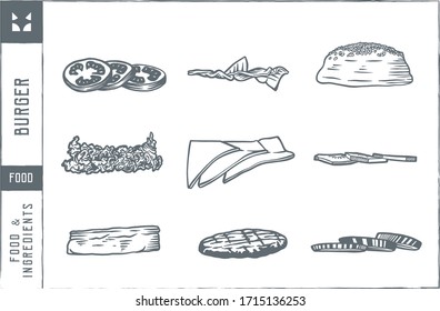 Burger ingredients  Vector illustration - Hand drawn - Out line