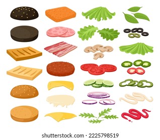 Burger ingredients, veggies, bun and meat patty. Cartoon fast food, burger and sandwich constructor, grilled meat, sliced veggies and sauce flat vector illustration set. Ingredients for burger