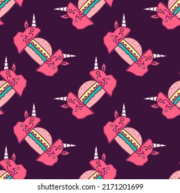 Burger inside the devil, illustration for background seamless pattern. Modern vintage, pop art style seamless pattern concept.