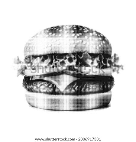 Burger isolated in halftone style. Retro black and white fast food illustration for menu, branding and packaging.
