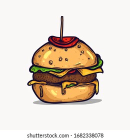 Burger Isolated Hand Drawn Illustration. Fast Food Clipart Element, Cheeseburger, Hamburger. Tasty,greasy Junk Food , Unhealthy Diet.