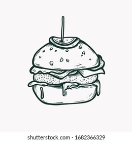 burger isolated hand drawn illustration. fast food clipart element, cheeseburger, hamburger. tasty,greasy junk food , unhealthy diet.