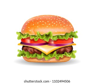 Burger Isolated on White Background, Lettuce Leaves, Tomato, Onion, Cheese, Beef Cutlet, Sesame Seeds, Food Concept, Hand Drawn Vector 3D Photo Realistic Illustration