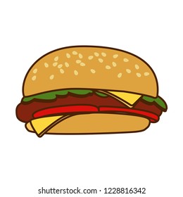 Burger isolated on white background. Fast food menu. Hamburger with beef, cheese. Vector doodle cartoon design