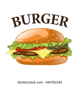 Burger isolated on white background. Cheeseburger vector illustration. Hamburger icon. Fast food concept. 