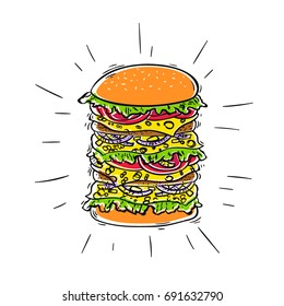 Burger - isolated on white background, vector. Sandwich fast food.