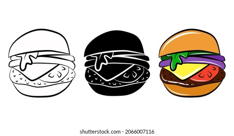 Burger isolated vector icon. Fast food cartoon outline sketch set. Package logo design element. Street unhealthy food. Tasty meal print. Simple emblem template. Graphic monochrome symbol. Menu sign.