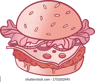 Burger isolated vector illustration. Texture pink orange fast food doodle art for cafe, menu, restaurant, street food banner.